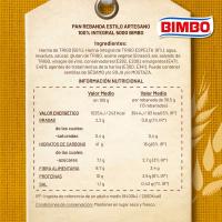 Pan rebanada artesana integral BIMBO, paquete 500 g