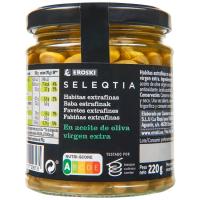 Favetes en oli d`oliva EROSKI SELEQTIA, flascó 220 g