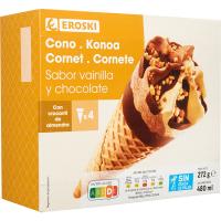 Cono grande de vainilla y chocolate EROSKI, pack 4x120 ml