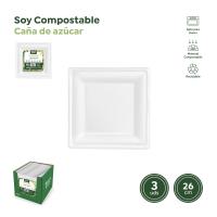 Plat quadrat blanc de canya de sucre biodegradable, 26x26cm HONEST GREEN, 3 uds