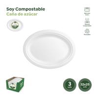 Safata oval blanca de canya de sucre biodegradable, 32x25 cm HONEST GREEN, 3 u