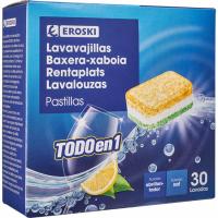 Lavavajillas en pastillas Todo en 1 limón EROSKI, caja 30 uds