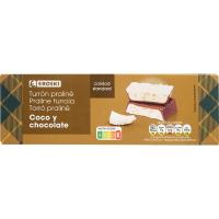 Turrón praliné de coco y chocolate con leche EROSKI, caja 150 g